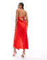 ASOS DESIGN cowl neck satin midi dress with cut outs and buckle detail in bright red