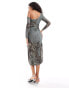 Moon River grunge ruched asymmetric neck midi dress with slit in sage