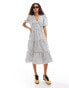 Фото #1 товара Monki wrap midi smock dress with tiered hem in white and black pane check