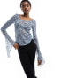 Фото #2 товара Monki long sleeve trumpet sleeve lace top in dusty blue