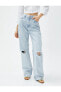 Фото #3 товара Yüksek Bel Kot Pantolon Yırtık Düz Paça - Nora Jeans