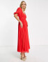 Фото #8 товара ASOS DESIGN Tall puff sleeve pleated dobby midi dress with scallop trim in red