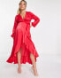 Фото #8 товара Flounce London Maternity satin long sleeve wrap maxi dress in red