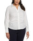 ფოტო #1 პროდუქტის Plus Size Ruched Front Poplin Long Sleeve Button-Down Shirt