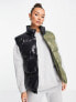 ASOS DESIGN high shine spliced gilet in black and khaki