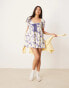 ASOS DESIGN mini smock dress with bow front and lace trims in bow print