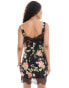 ASOS DESIGN Petite satin corset detail mini dress with lace applique in black floral