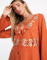 Фото #3 товара ASOS DESIGN long sleeve button down waisted mini dress with floral embroidery in rust