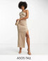 Фото #2 товара ASOS DESIGN Tall bengaline one shoulder wrap neck bodycon midi dress with split in camel