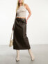 NA-KD faux leather midi skirt in dark olive