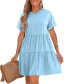 Women's Blue Round Neck Short Sleeve Drop Shoulder Mini Beach Dress