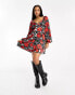 Wednesday's Girl rose bloom floral puff sleeve mini dress in black Schwarz/Weiß/rote Rose, S - фото #3