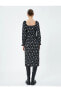 Çiçekli Midi Elbise Uzun Kollu Yırtmaç Detaylı U Yaka Önü Bağlama Detaylı