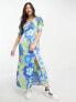 ASOS DESIGN Petite satin shirred cuff midi tea dress with tie front in floral print
