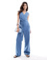 ASOS DESIGN sleeveless linen mix jumpsuit with waisted belt in blue