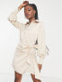 Фото #7 товара In The Style x Terrie Mcevoy button through wrap detail shirt dress in stone