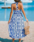 Women's Blue & White Ornate Halterneck Sleeveless Midi Beach Dress