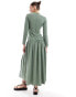 ASOS DESIGN dropped waist maxi dress with long sleeves in khaki Зеленый, 40 - фото #2