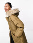 River Island puffer coat with faux fur collar in khaki Зеленый, XS - EU 32-34 - фото #3