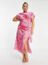 Фото #4 товара ASOS DESIGN Curve ruched side button cap sleeve satin maxi dress in pink based floral print