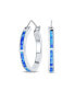 Created Blue Opal Inlay Thin Flat Tube Large Hoop Earrings For Women Sterling Silver 1 Inch