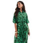 YAS floral belted t-shirt midi dress in green print - MGREEN