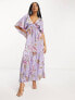 Фото #1 товара ASOS DESIGN satin flutter sleeve v-neck maxi dress with tier hem in lilac paisley print