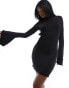 ASOS DESIGN lettuce edge long sleeve mini dress with open back in black