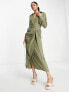 Фото #4 товара ASOS DESIGN collared midi dress ruched tie waist in khaki