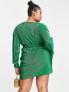 Фото #4 товара ASOS DESIGN Curve plisse wrap mini dress with tortoise shell trim in green