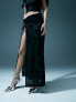 Murci devore off shoulder top & thigh split maxi skirt set in black