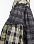 COLLUSION deconstructed gathered panel mixed check midi skirt