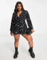 Фото #4 товара ASOS DESIGN Curve bubble crepe plunge neck playsuit with puff sleeve in mixed star print