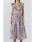 Women's Plaid Midi Dress With Ruffle Neckline