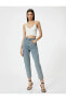 Beli Lastikli Mom Fit Jean Rahat Kesim Pamuklu Cepli - Mom Jeans