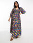 ASOS DESIGN Curve midi smock dress with shirred cuffs in black based multi floral print