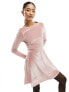 Фото #8 товара Miss Selfridge low back fit and flare velour mini dress with bow in dusty pink