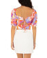 ფოტო #2 პროდუქტის Juniors' Quilted Vines Puff-Sleeve Tie Back Top