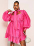 Фото #3 товара ASOS LUXE Curve pussybow cupped mini dress with blouson sleeve in pink
