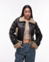 Topshop faux leather shearling fitted aviator jacket in black