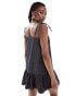 COLLUSION tie shoulder lightweight denim mini dress in washed black