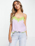 Фото #1 товара Stradivarius satin cami with contrast lace in lilac & green