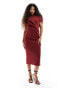 ASOS DESIGN Petite off shoulder pleat waist detail pencil midi dress in dark red