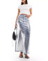 Фото #3 товара Amy Lynn stretch metallic coated denim maxi skirt in silver