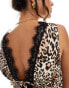 Фото #4 товара Miss Selfridge satin lace trim tie front playsuit in animal print