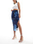 Edited mesh midi skirt in denim patchwork print