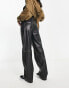 Only high waisted faux leather contrast stitch dad trousers in black