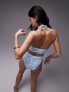 Фото #4 товара Topshop silhouette floral print rib high waist bikini bottoms in blue and ivory