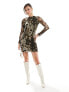 Фото #3 товара ASOS DESIGN long sleeve slash neck mini dress in brown cow print