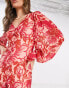 Pretty Lavish balloon sleeve button midaxi dress in red and pink floral